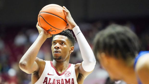 Feb 8, 2023; Tuscaloosa, Alabama, USA; Alabama Crimson Tide forward Brandon Miller (24) shoots against the Florida Gators during the second half at Coleman Coliseum.